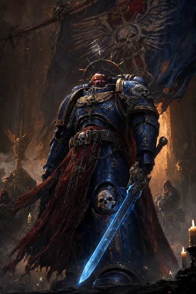 Картина Warhammer 40K — Космодесантник Ультрамаринов в синей броне с силовым мечом на тёмном фоне