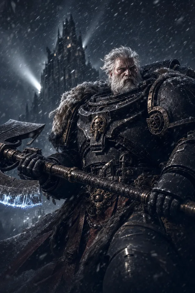Картина: воин Warhammer 40K в силовой броне с топором, метель и готическая крепость на фоне