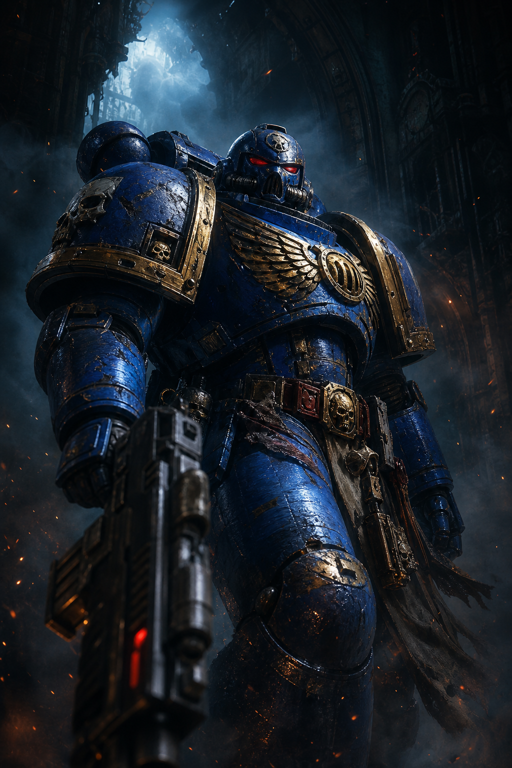 Картина «Warhammer» — Космодесантник Ультрамаринов в синей броне с болтером на тёмном готическом фоне