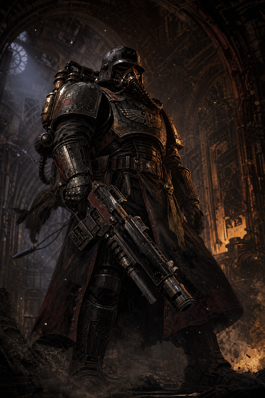 Картина Warhammer — воин в силовой броне с болтером в готическом соборе, тёмная фантастика