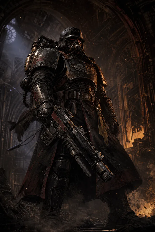 Картина Warhammer — воин в силовой броне с болтером в готическом соборе, тёмная фантастика
