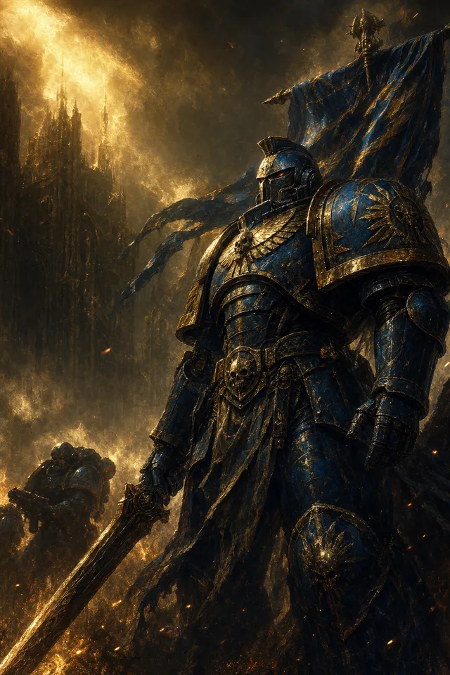 Картина Warhammer — воин в синей золотой силовой броне на фоне готической крепости с мечом