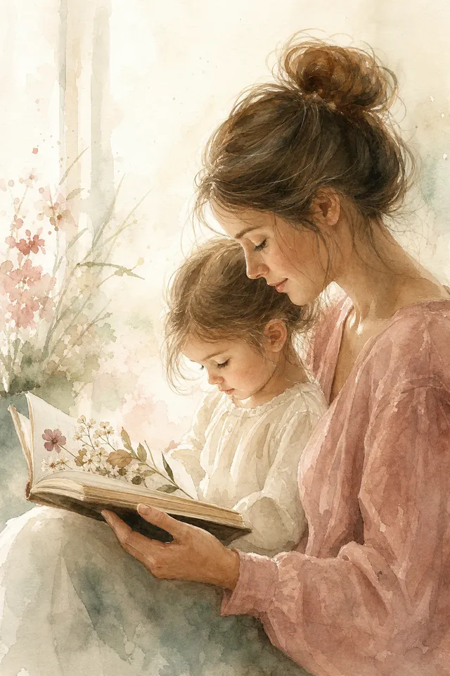 Картина: мама в розовом читает книгу маленькой дочке, нежный акварельный стиль