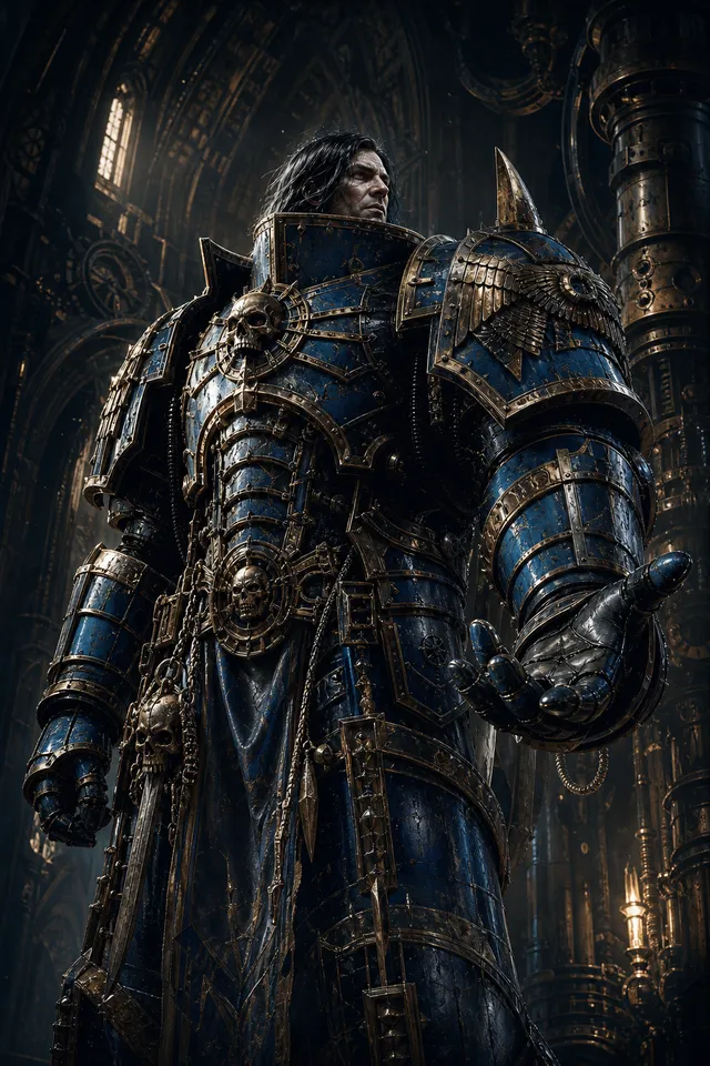 Картина Warhammer 40K — воин в синей силовой броне с золотым орнаментом на фоне готического собора
