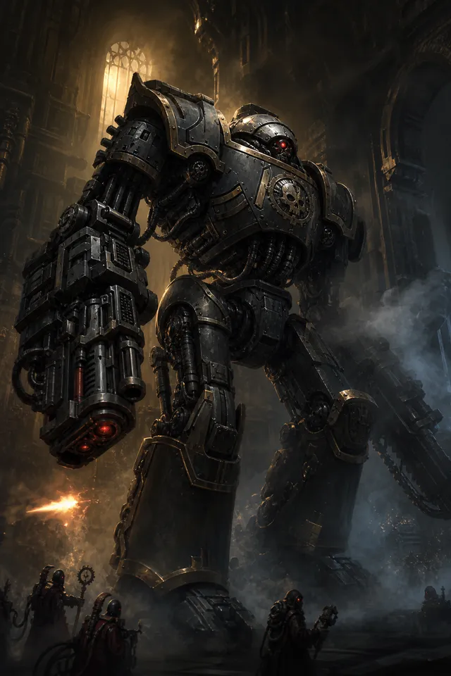 Картина Warhammer 40K — боевой дредноут в доспехах Хаоса в готическом соборе, постер на металле