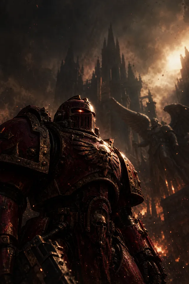 Картина Warhammer 40000 — космический десантник в красной броне на фоне тёмной крепости в огне