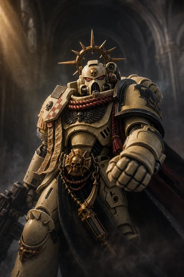 Картина Warhammer 40K: космодесантник в кремовой силовой броне с золотым нимбом на фоне готических арок